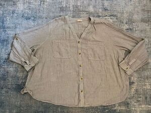ANA A New Approach White Gray Twill Weave Stripe Button Front Tab Sleeve Top 3X